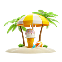 Summer Vacation Ice Cream Cone on Tropical Beach Island with Palm Trees and Beach Ball png