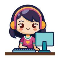 Adorable Gamer Girl Enthusiastically Playing Games on Computer vector