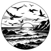 Majestic Flight of Seagulls Over the Tranquil Beach Scene vector