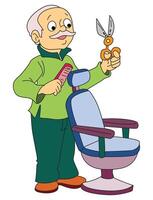 Old man barber standing with comb and scissors in hand vector