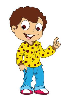 A boy laughing out loudly pointing