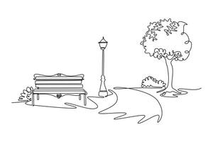 Bench, pathway and lantern in the Park. Park concept. Single line draw design. graphic illustration vector