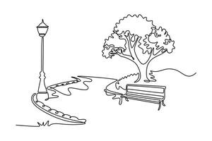 Park bench lamp landscape. Park concept. Single line draw design. graphic illustration vector