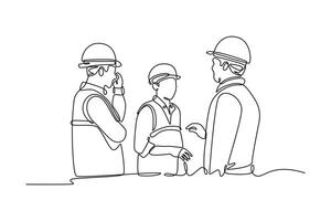 focus on manager, group of industrial workers having fun chat. Community focused concept. Single line draw design. graphic illustration vector