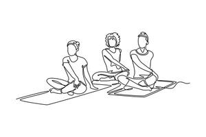 multi-ethnic people during yoga class seated in lotus position performing Easy Twist Pose. Community focused concept. Single line draw design. graphic illustration vector
