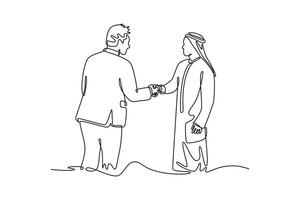 Multiethnic western and middle eastern business team working together in an office. Agreement business concept. Single line draw design. graphic illustration vector