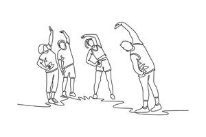 A diverse group of people participates in a stretching exercise class outdoors. Community focused concept. Single line draw design. graphic illustration vector