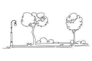 spring summer park with trees, grass, walkway road. Park concept. Single line draw design. graphic illustration vector