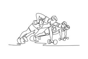 Gym, group and dumbbell rowing exercise for power, muscle and challenge in workout class. Community focused concept. Single line draw design. graphic illustration vector