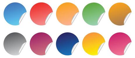 Adhesive paper stickers circle with rounded edges adhesive, color round stickers with peeling corner, isolated rounded plastic mockup, set round paper curved corner vector