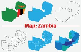 Maps of Zambia, Outline, and Regional Divisions, Zambia country map set. internal provinces borders marked, Simple map of Zambia drawing. vector