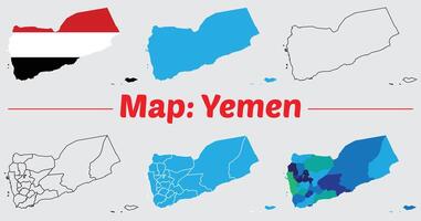 Maps of Yemen , Outline, and Regional Divisions, Yemen country map set. internal provinces borders marked, Simple map of Yemen drawing. vector