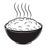 Cooked rice with steam in black bowl vector