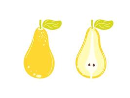 Set of whole and half pear isolated on white background. Modern abstract hand drawn pear fruit. Flat cartoon illustration. Pear icon vector