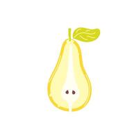 Colorful hand drawn pear half isolated on white background. Flat cartoon illustration. Modern abstract fruit. Pear cross section with green leaf vector