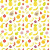 Colorful different summer fruits seamless pattern. Trendy modern seamless pattern with hand drawn cartoon summer fruits - pineapple, banana, avocado, watermelon, lemon and so on vector