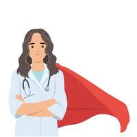 Confident doctor stands with a red cape, strength, dedication, and heroism in the medical field. vector