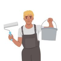 Man holding a paint roller in one hand and a bucket in the other, prepared for a painting job. vector