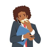 Busy professional work and hunger as he talks on the phone, and takes a bite of his sandwich. vector