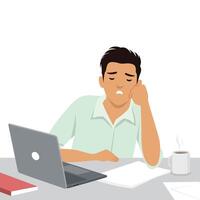 Stressed and exhausted man sits at his desk, struggling to stay awake as he faces a pile of work. vector