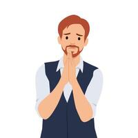 Man holds his hands together in a pleading gesture, showing regret and seeking forgiveness. vector