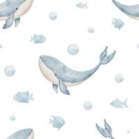 Seamless watercolor Pattern with Whales and bubbles in pastel colors for childish linen or textile design. Nautical Background with underwater animal for baby wrapping paper or nursery wallpaper. vector