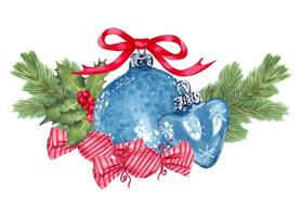 Blue Christmas tree decorations with conifer branches, holly berries with a red bow and caramel candy. Illustration with watercolor and marker. Hand-drawn isolated art. For the New Year and Christmas vector