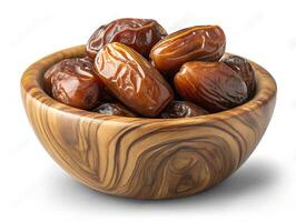 Fresh Juicy Dates in a Rustic Wooden Bowl for Healthy and Natural Snacking photo