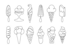 Ice cream set, line drawing. Decorative elements, badges, stickers. vector