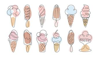 Ice cream set, line drawing with colored spots in pastel tones. Decorative elements, badges, stickers. vector