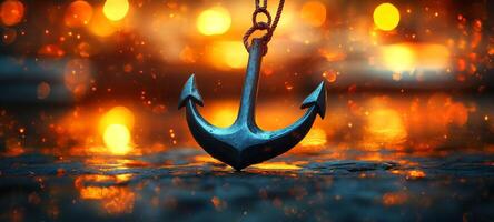 An anchor is sitting on the ground in front of a fire photo