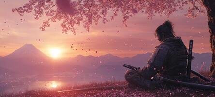 A man sitting on a hill with a sword in his hand photo