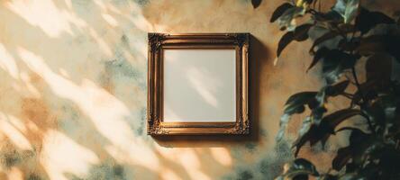 An empty frame on a wall with a plant photo
