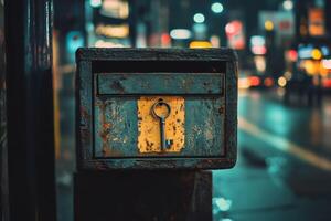An old mailbox with a key in it photo