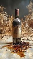 A bottle of wine on a table with a brown liquid photo