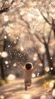 A child jumping in the air in front of a tree photo