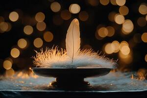 A feather feather on a silver bowl with a light background photo