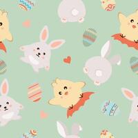 Happy easter. Seamless pattern with easter eggs, rabbit, chicken, heart on green background. vector