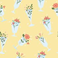 Seamless pattern with spring flowers in wine drinking glass. Spring flower drink. Fashion spring, summer print template. vector