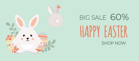 Happy easter sale. Cute little rabbit with easter eggs on green background. Can be add text. Design for banner, poster, postcard. EPS10. vector