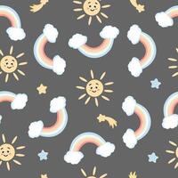 Seamless pattern with cute colorful pastel rainbow with clouds on grey background. Design for kids wallpaper, fabric, weather forecast and more. vector