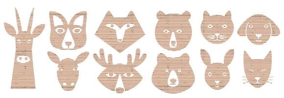 Animal paper collage with cute cutouts and scrapbooking elements. Dog, bear, cat, and rabbit figures on striped paper with craft shapes and summer doodles vector