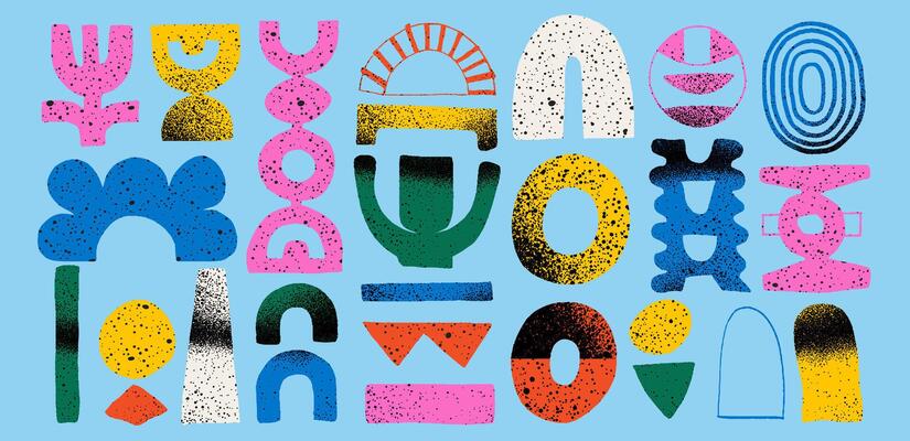 Grainy abstract shapes with textured graphic backgrounds. Modern retro set with funky hand-drawn doodles, paint strokes, clouds, and comic elements.