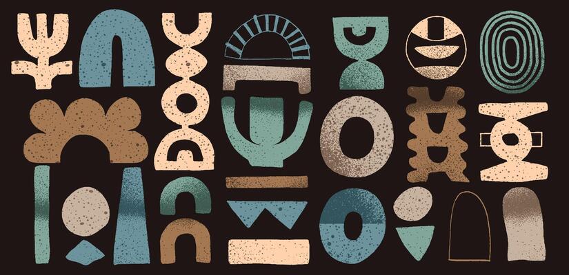 Beige organic shapes with grainy textures and abstract graphic elements. Funky doodles, brush strokes, and retro cartoon icons in a trendy modern design