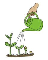 Hand drawn of a hand watering small green seedlings with a watering can on white background. Gardening and growth concept representing care, nurturing and environmental awareness vector