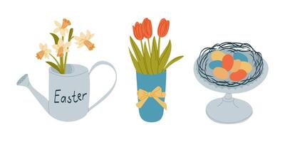 Hand drawn set with daffodils in a watering can, tulips in a vase, and Easter eggs in a nest on a stand. Spring and Easter concept symbolizing renewal, nature and holiday decoration vector