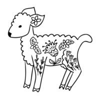 Hand drawn illustration of a lamb decorated with floral folk patterns, isolated on white background. Folk art and spring concept representing innocence, tradition and nature vector