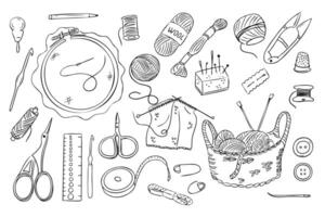 Hand drawn set of sewing, knitting and crafting tools including yarn, needles, scissors and thread. Handmade and DIY concept for hobby, creativity and home craft projects vector