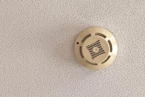 A smoke detector is mounted on the ceiling of a living space, functioning as a crucial safety device to detect fire hazards. It features a circular design with a grill and indicator light. photo