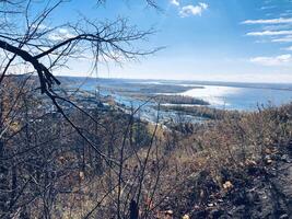 Breathtaking autumn view from a hillside overlooking a serene river and vibrant landscape in the heart of nature photo